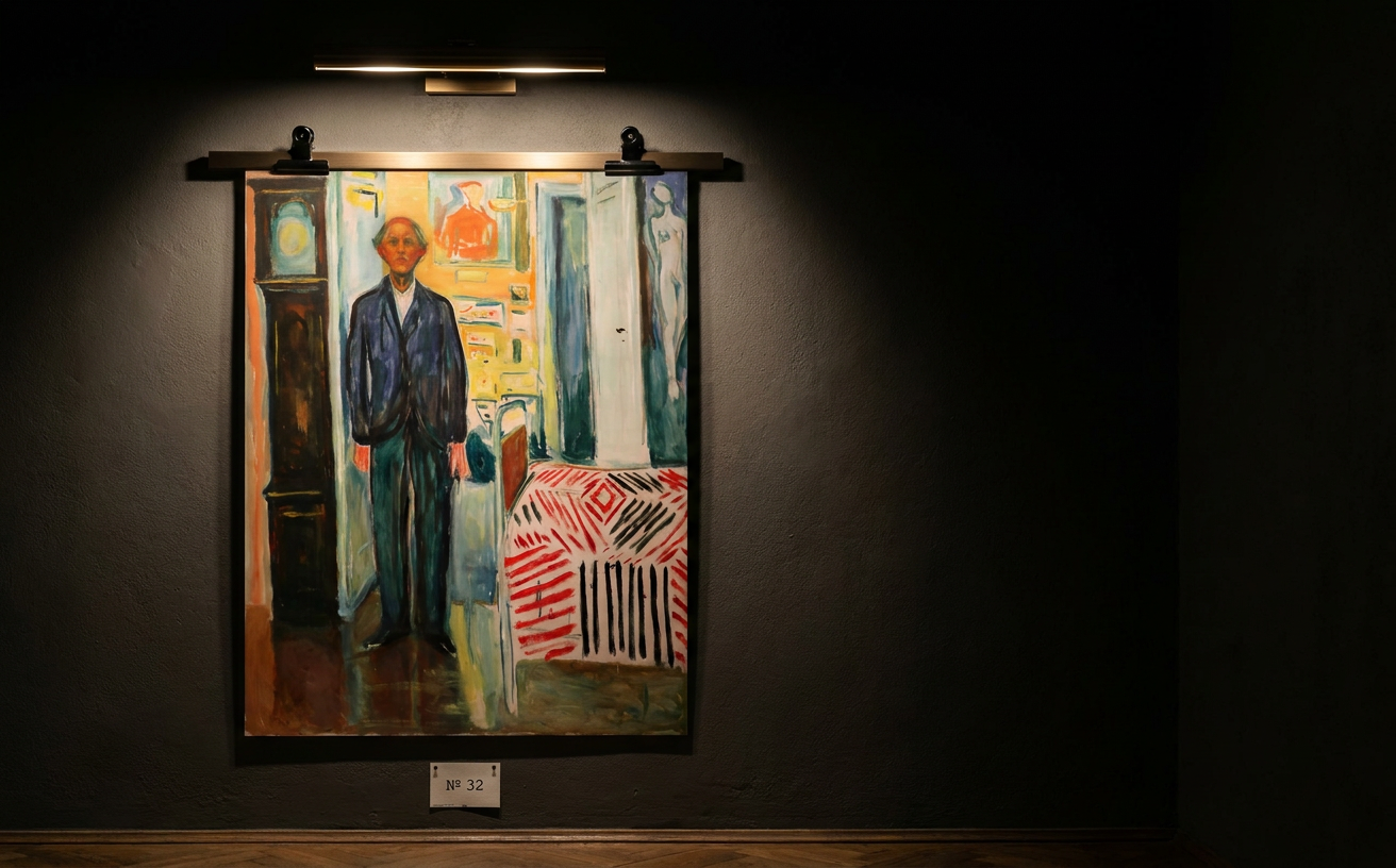 Selbstbildnis zwischen Uhr und Bett · Edvard Munch · Galerie-Installation