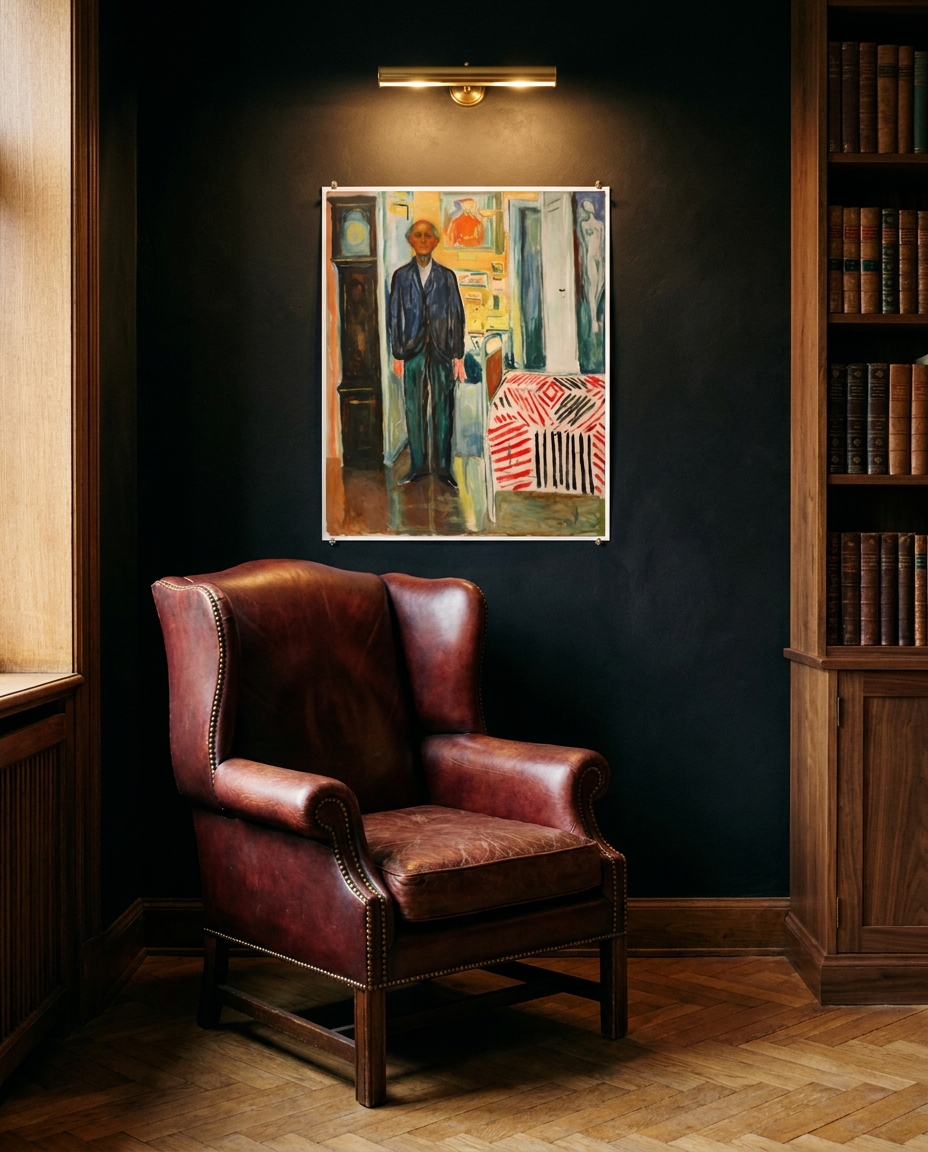 Selbstbildnis zwischen Uhr und Bett · Edvard Munch · Im Lesezimmer